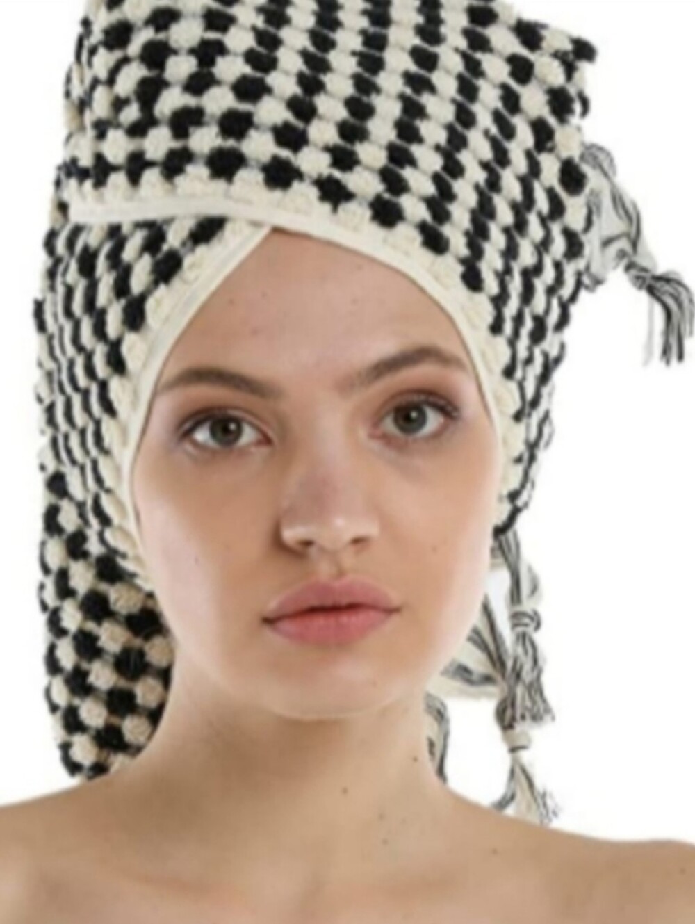 Turkish Cotton Spa Hair Peshtemal Hand Towel Black Ivory Pom Pom Houndstooth - Picture 3 of 8
